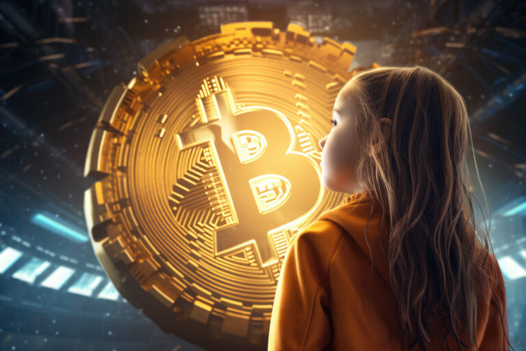 Little girl looking on huge golden bitcoin logo