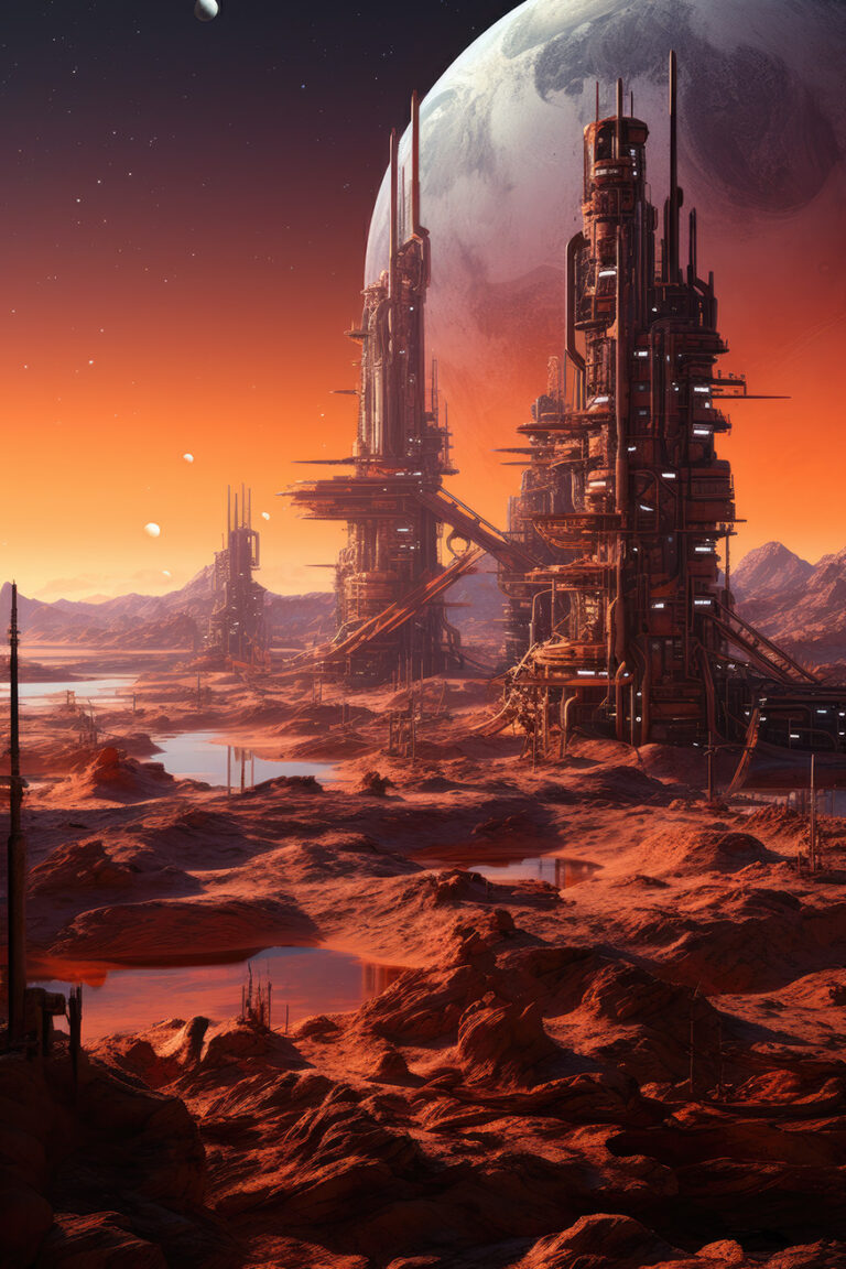 Colony buildings on some planet in orange evening lights and huge moon