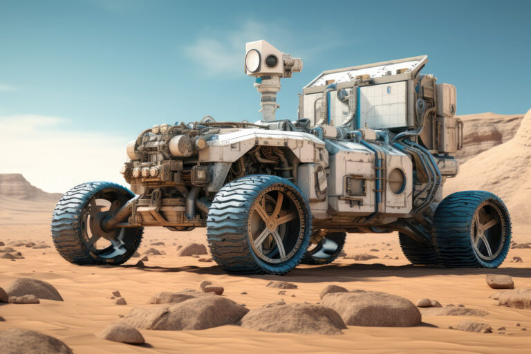 Space rover with blue wheels on some planet