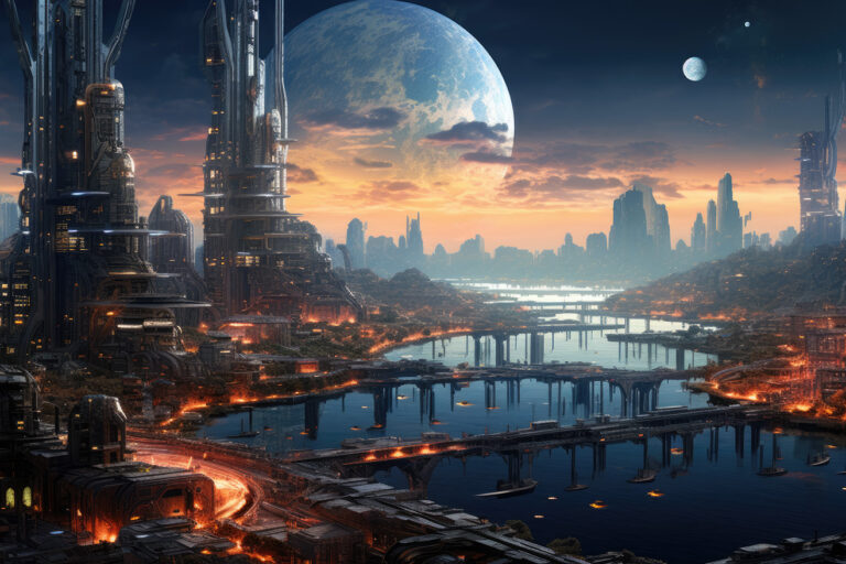 Futuristic city with bridges on some planet