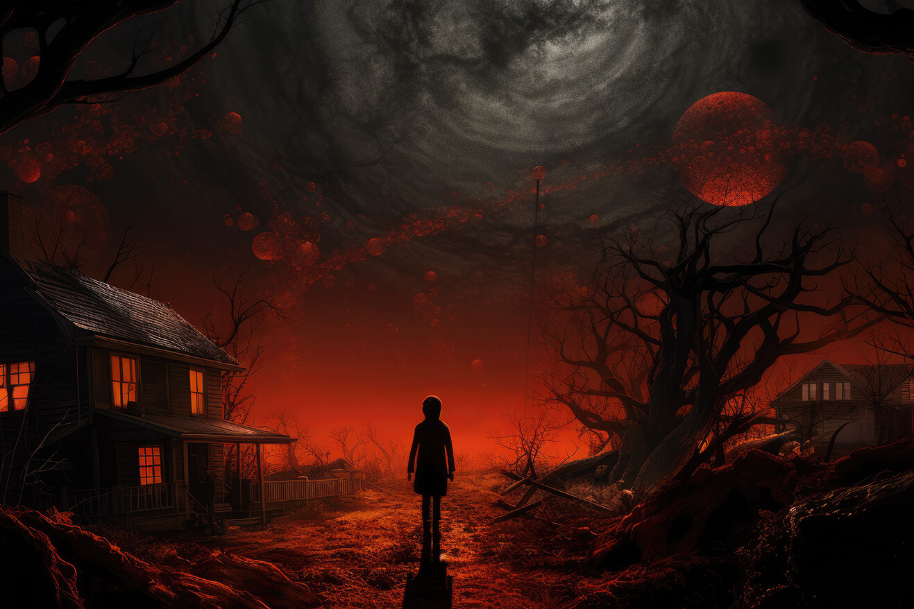 Black and red illustration of night village