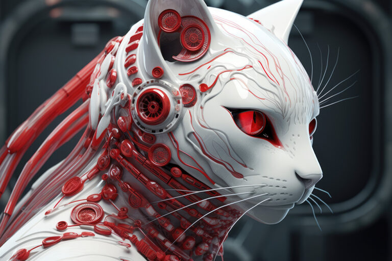 White cat with red eyes and red outfit