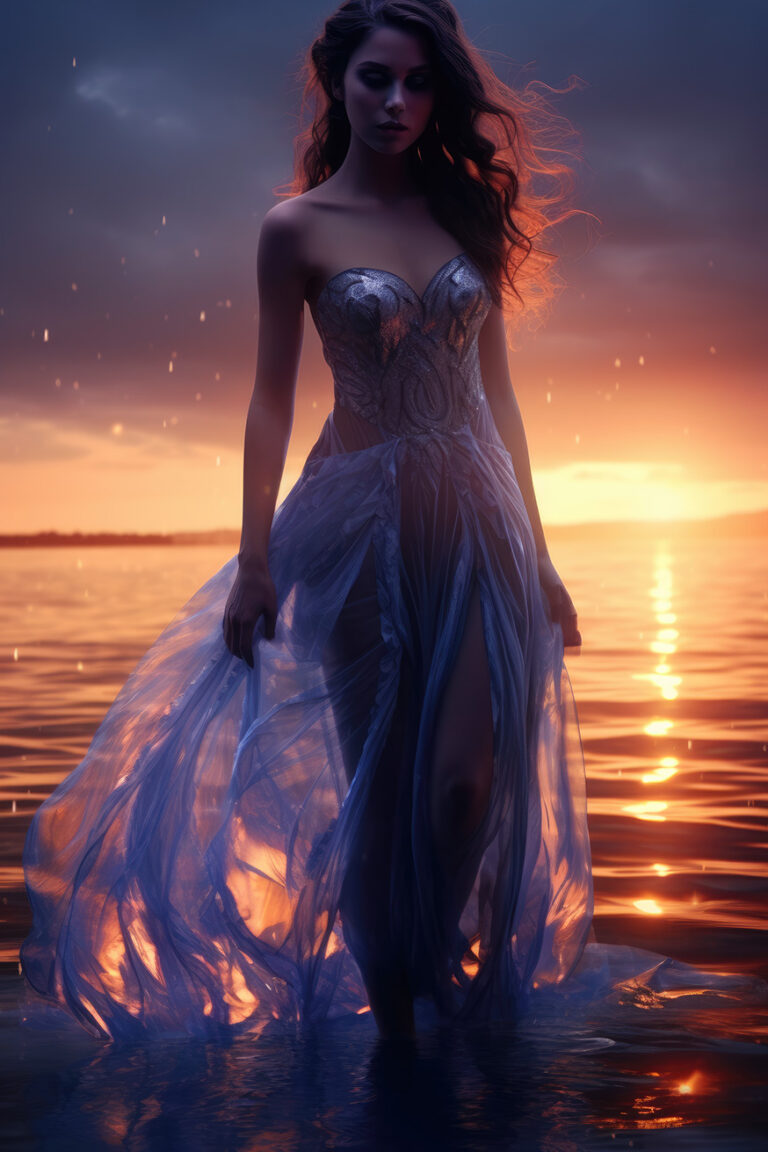 Woman standing in water in sunset lights