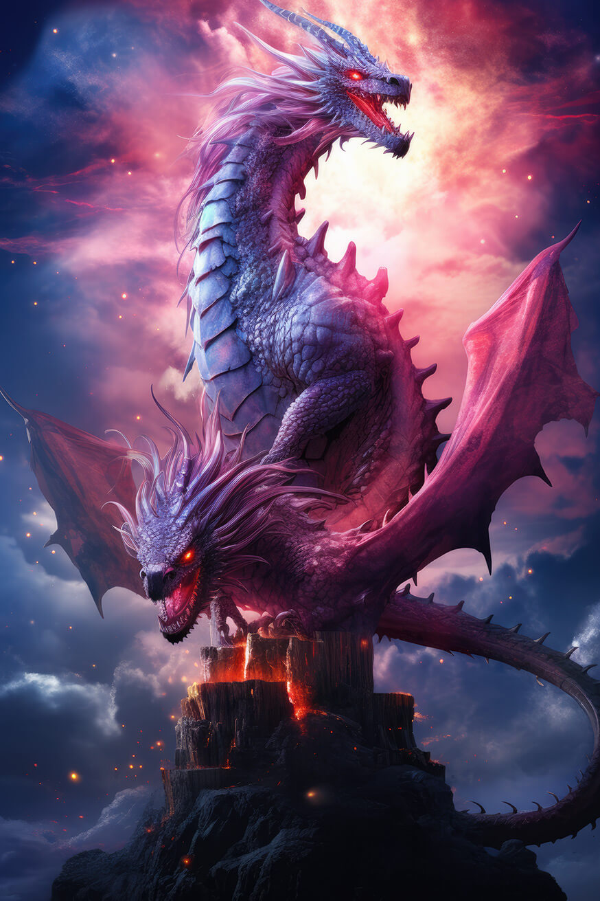 Purple dragons sitting on top of mountain peak