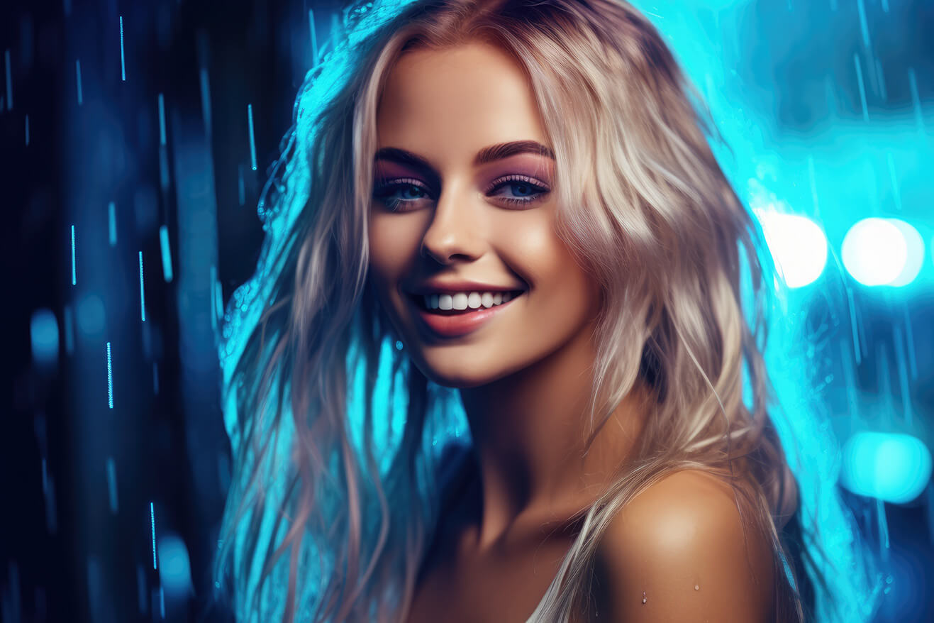 Blonde woman on blue lights background under rain