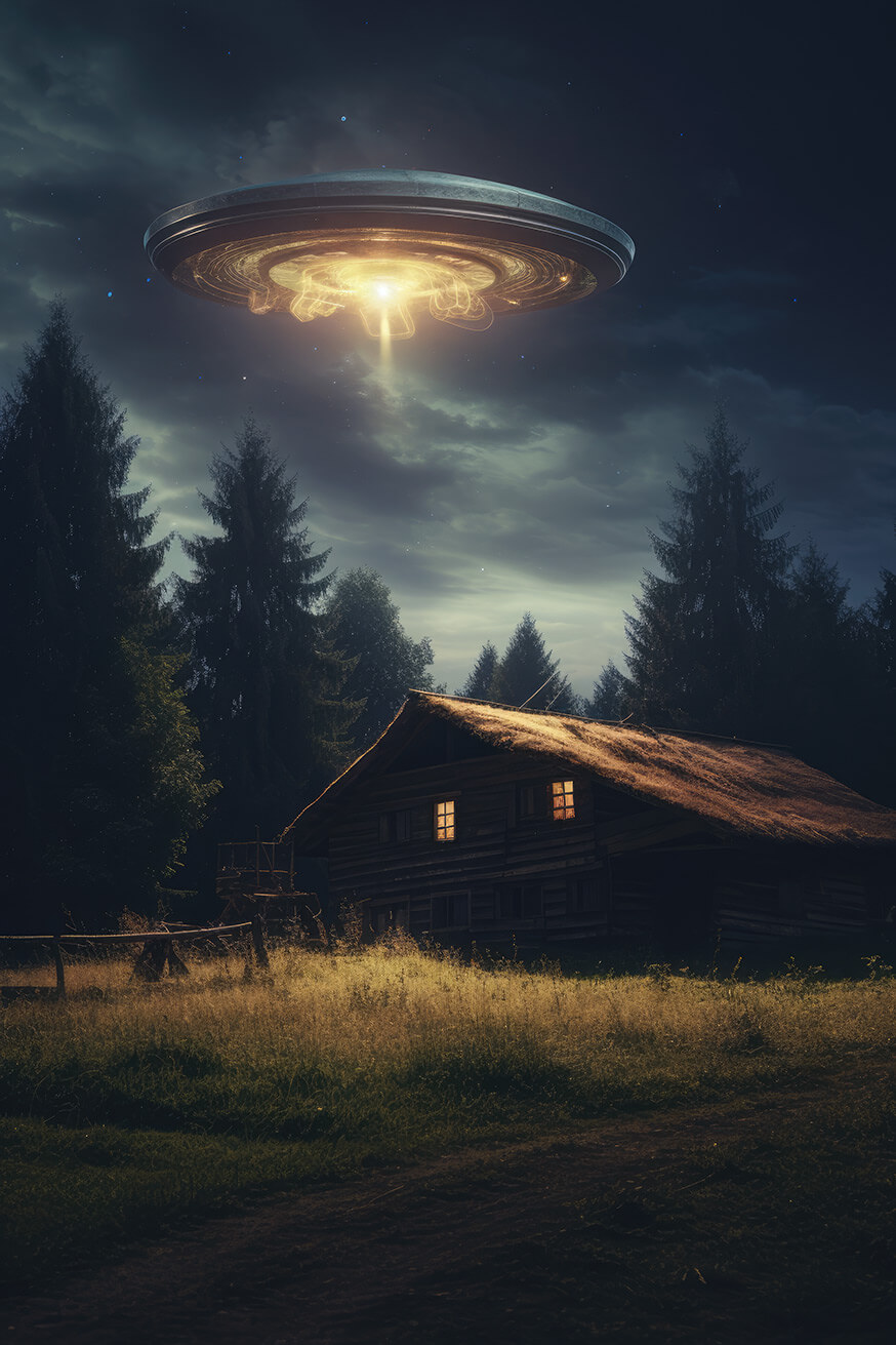 UFO disk floating over old village house