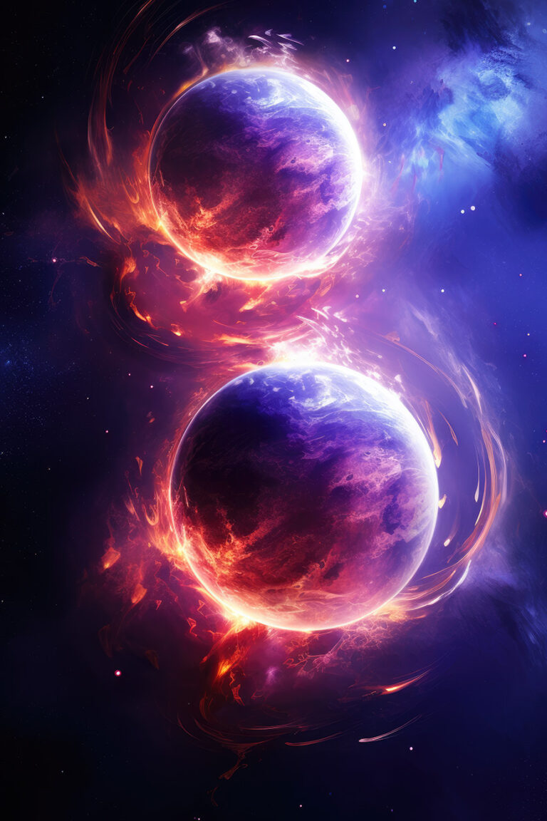 Two dancing planet in fire flames in the space