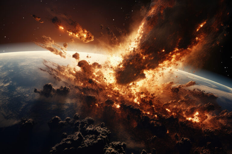 Huge asteroid in fire falling on the earth