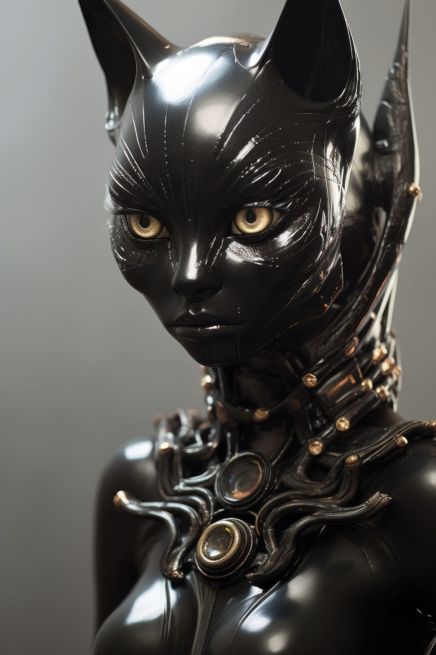 Humanoid black woman cat with golden eyes