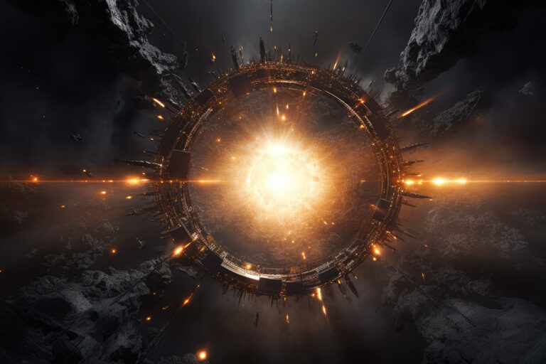 Black metal stargate in the space with exploding star