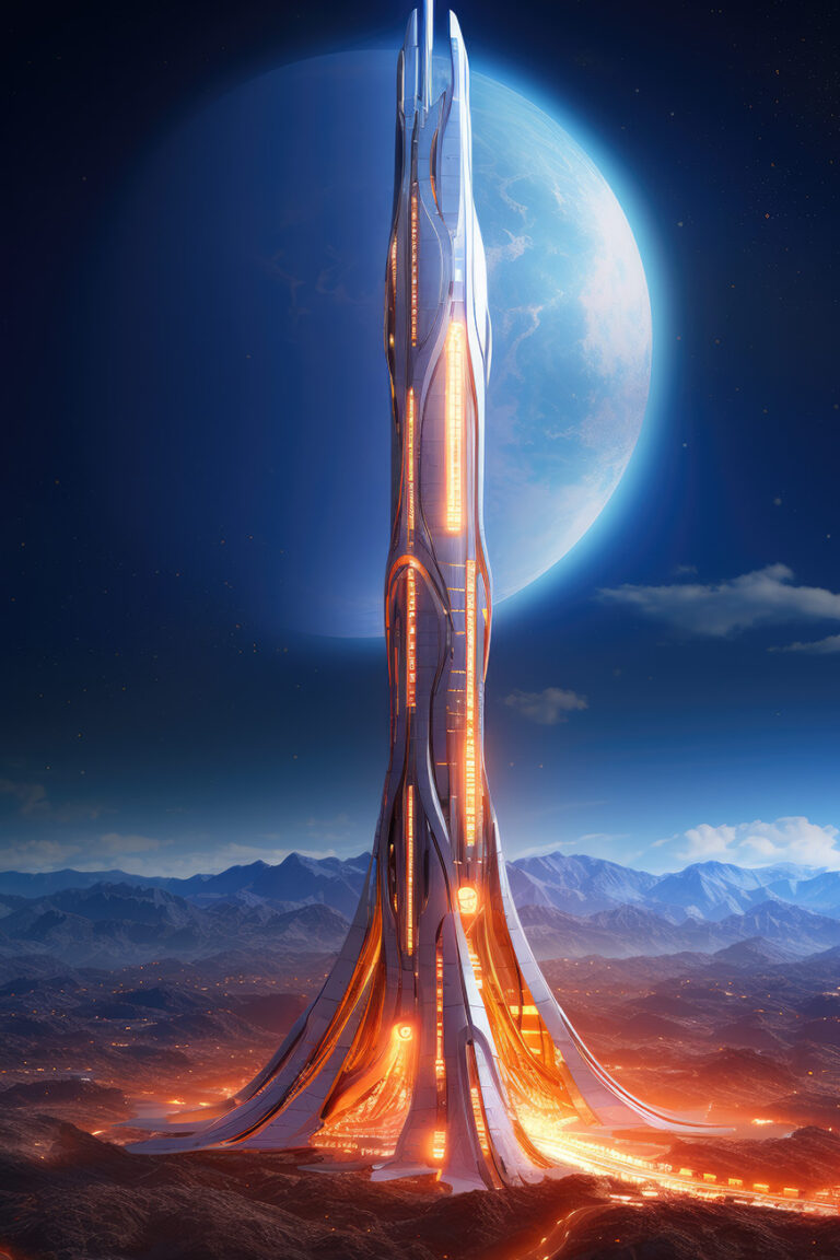 Very tall futuristic tower with orange lights opposite blue moon