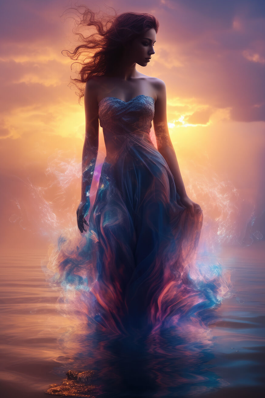 Woman in neon smoke dress at sunset