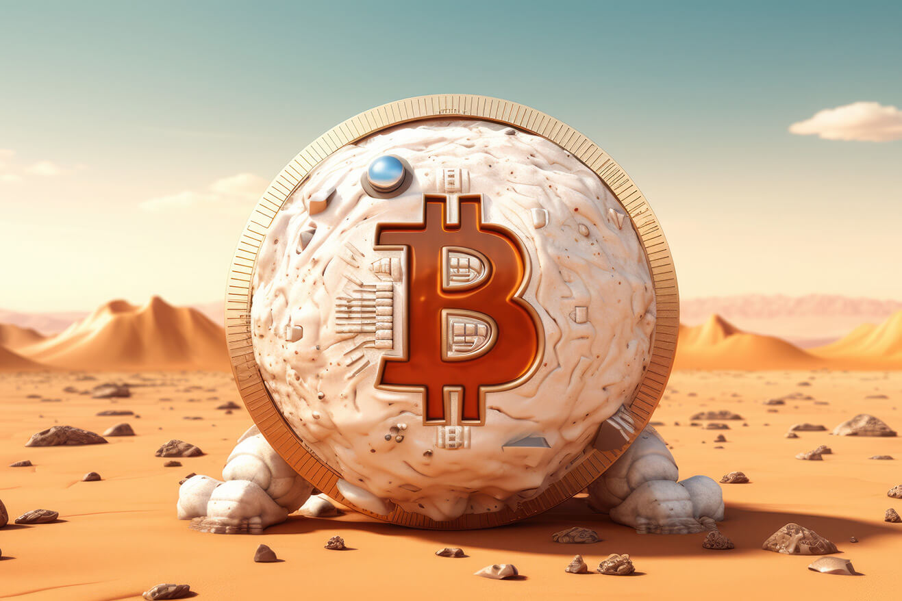 Bitcoin logo carved in white stone sphere on some planet