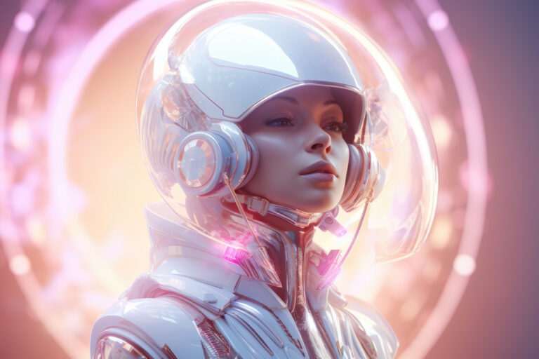 Woman astronaut in futuristic white suit on pastel background