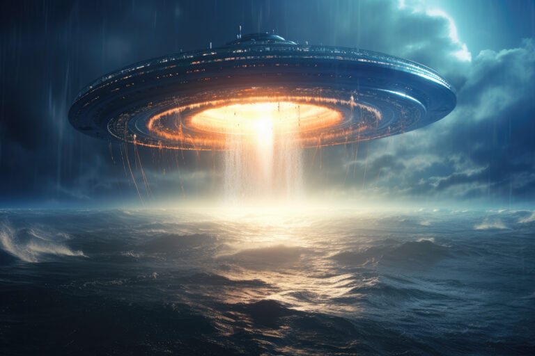 Alien disk spaceship with orange lights flying over the sea