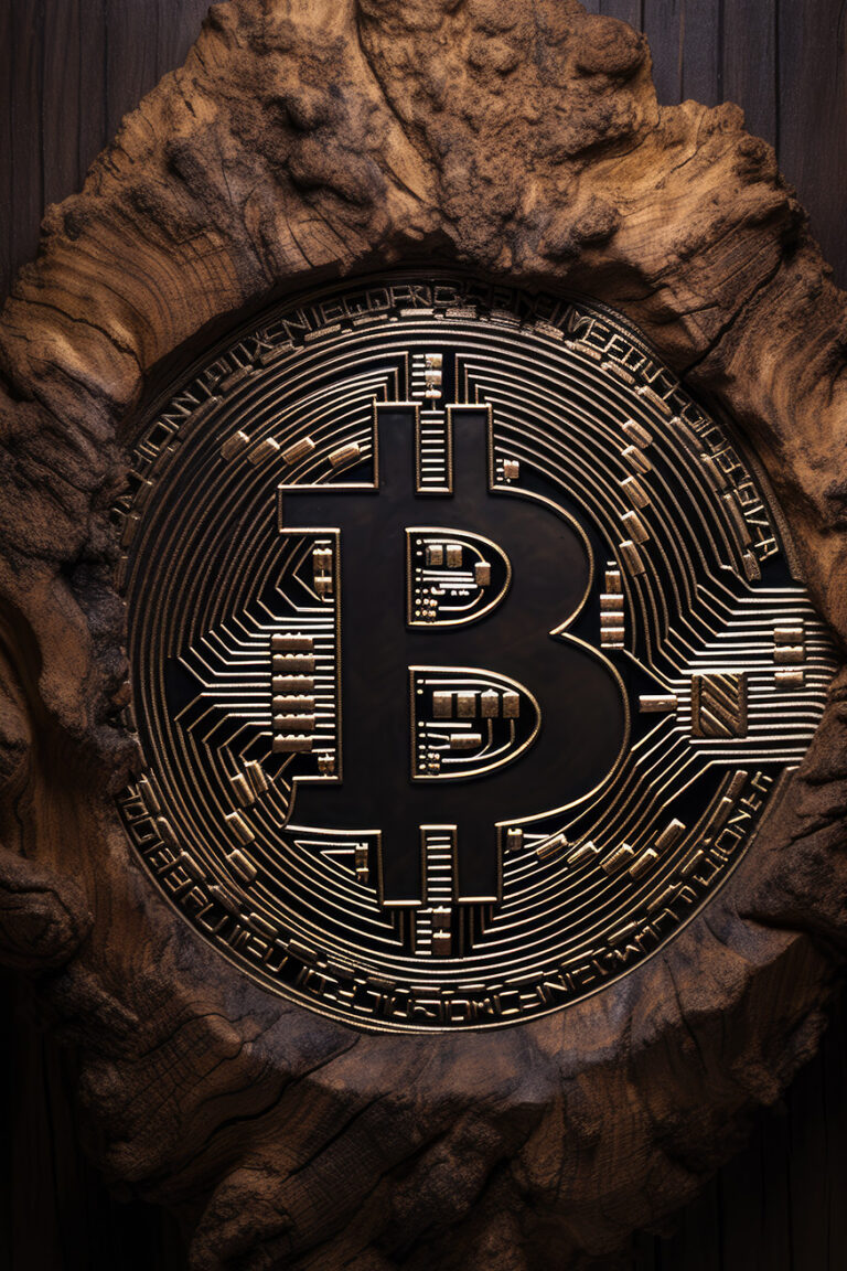 Dark bitcoin logo carved in brown wood