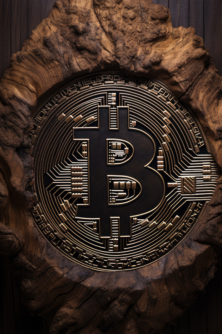 Dark bitcoin logo carved in brown wood