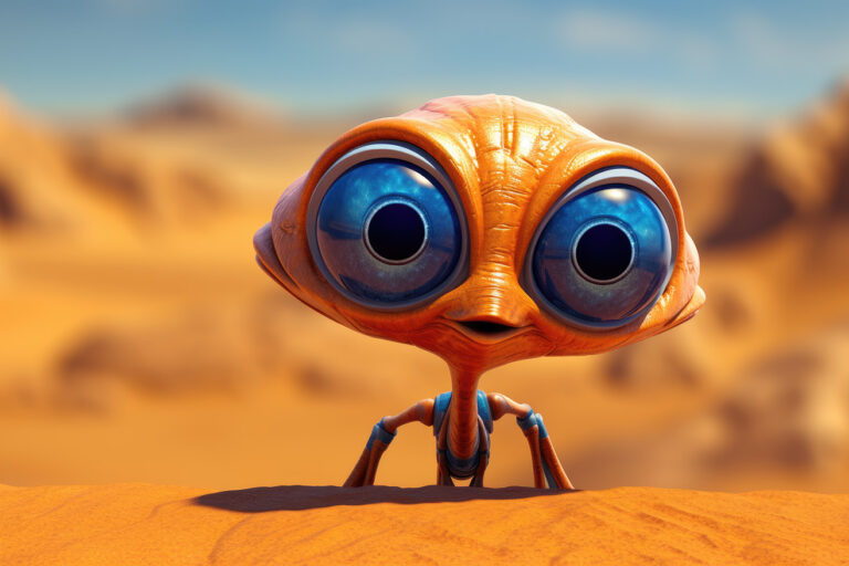 Cute small alien with orange skin and big blue eyes