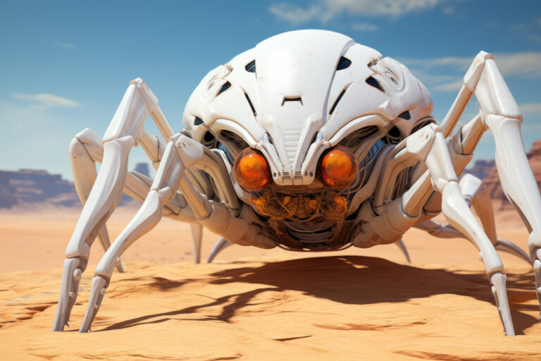 Monster white crab robot in the desert