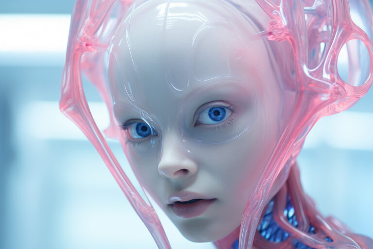 Weird girl with transparent pink tubes and blue eyes