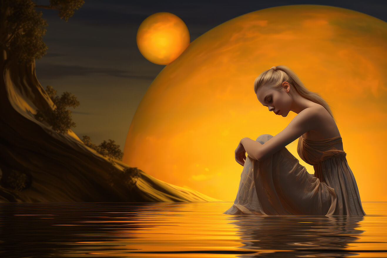 Woman sitting in water opposite big orange sun