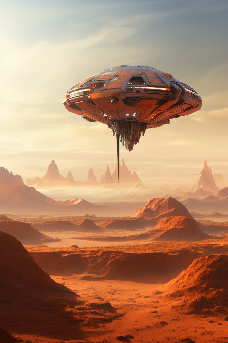 UFO spaceship flying over orange desert