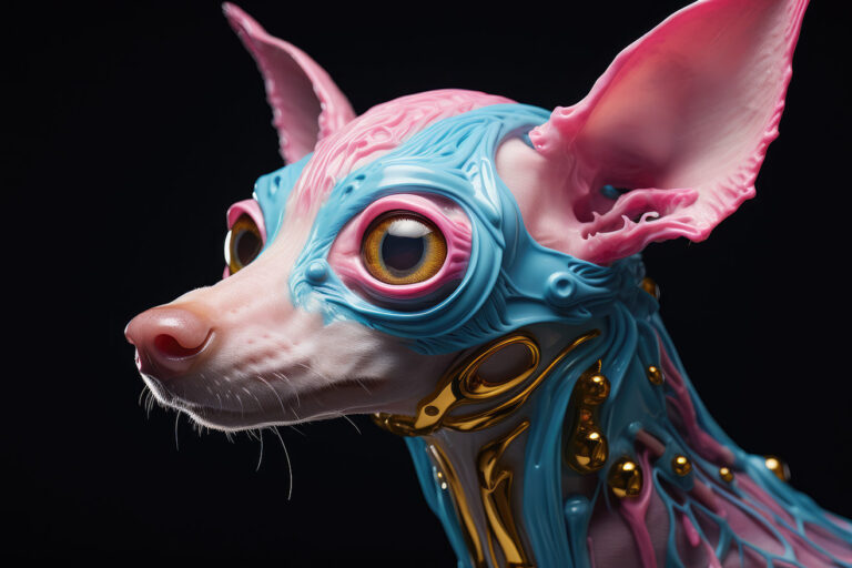 Strange alien dog with pink, golden and blue skin