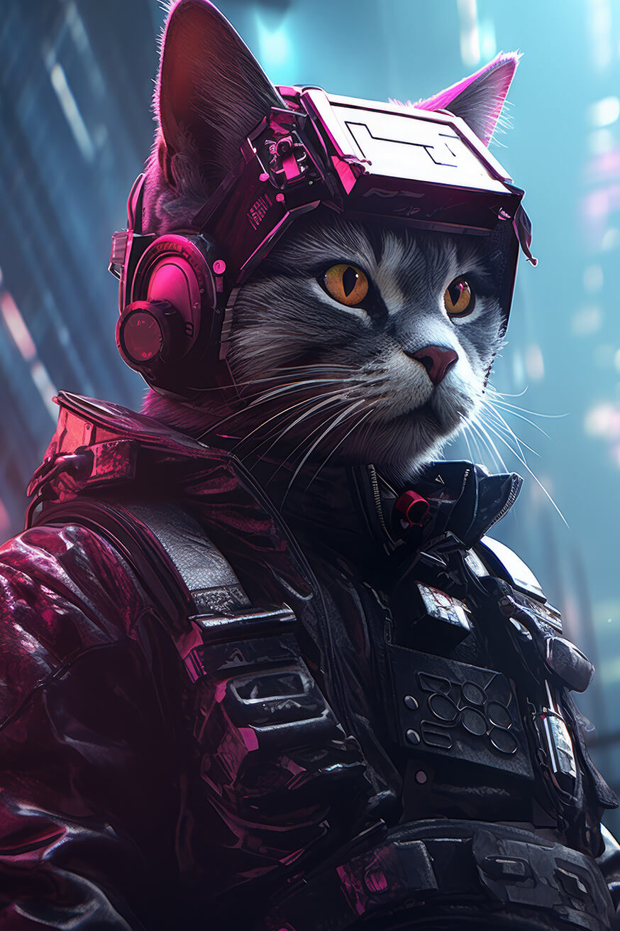 Cat in neon lights and futuristic suit and helmet