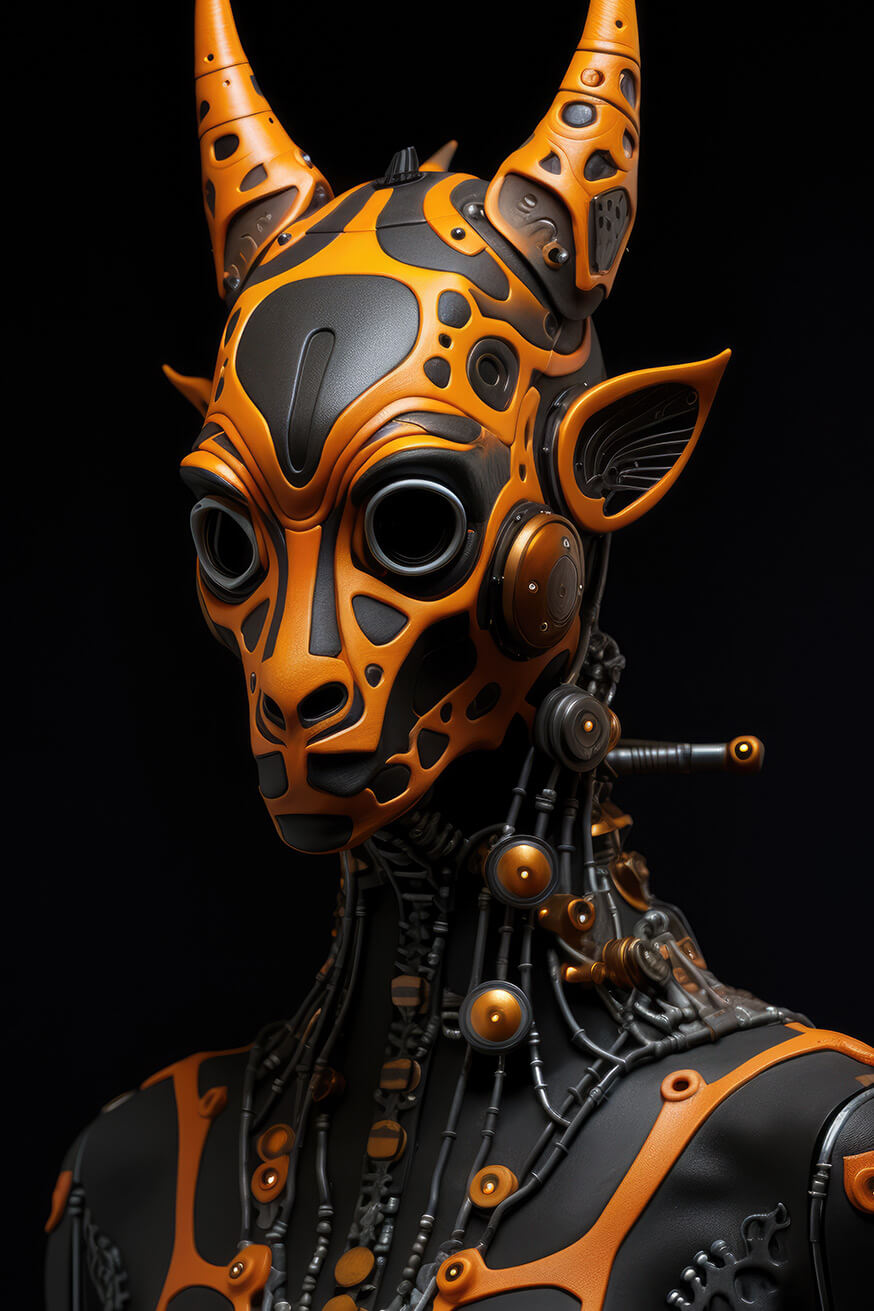 Weird black and orange robotic giraffe creature