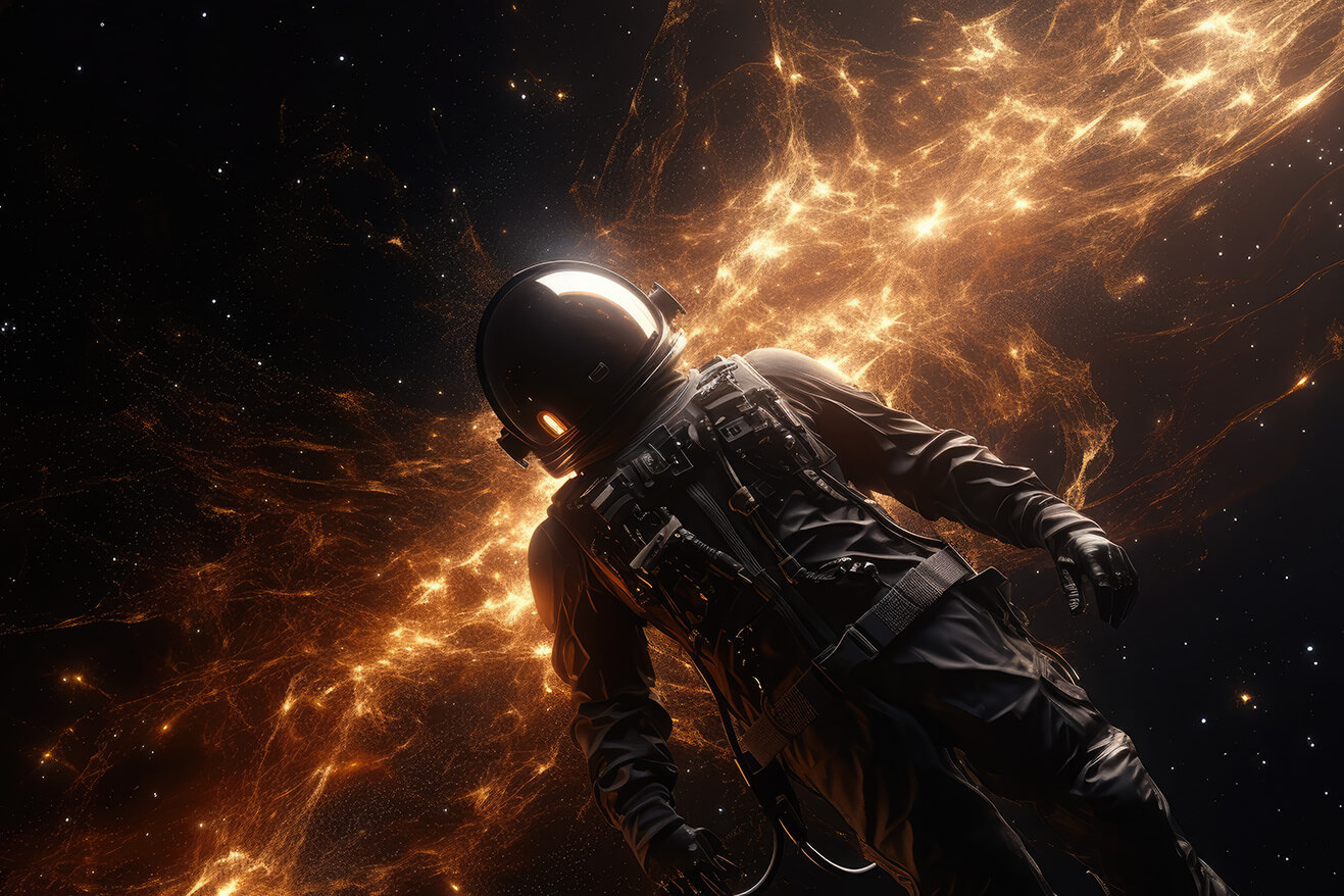 Astronaut in black suite on fire flames space background