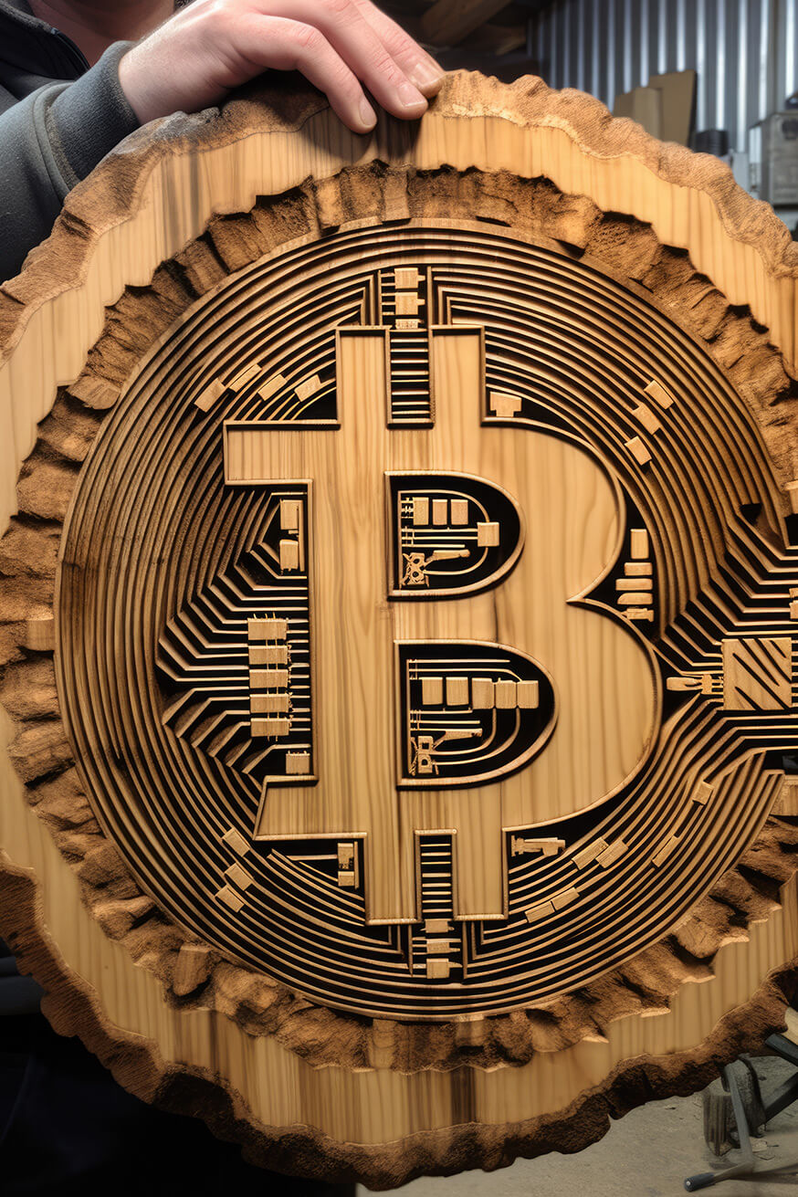 Bitcoin logo carved on wood