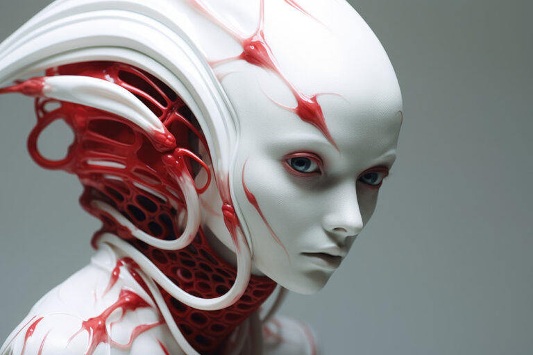 Alien woman with big white head and red tubes