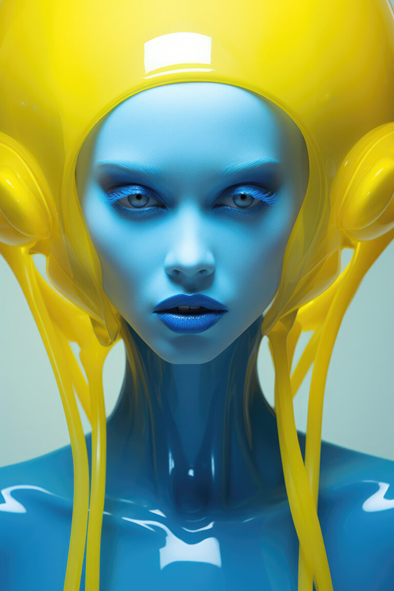 Fantasy woman with blue skin and yellow headgear