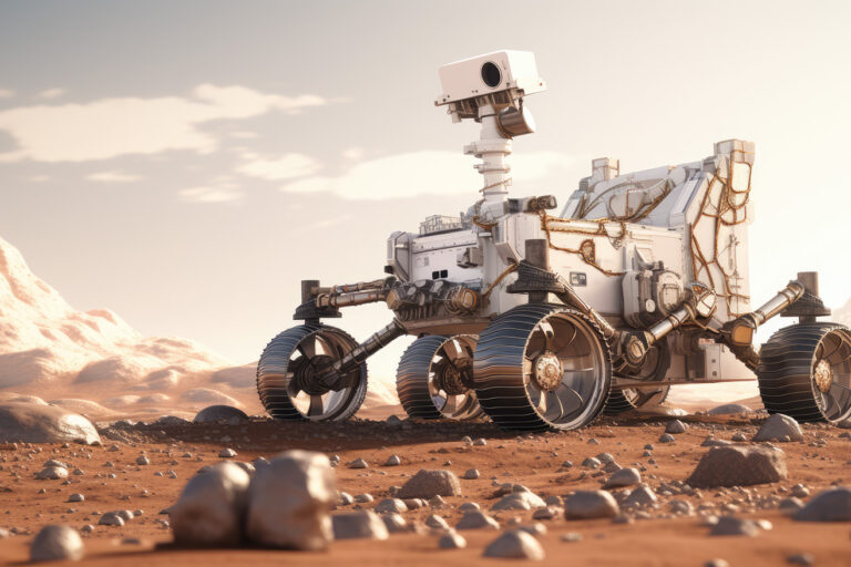 White space rover with metallic wheels on some planet