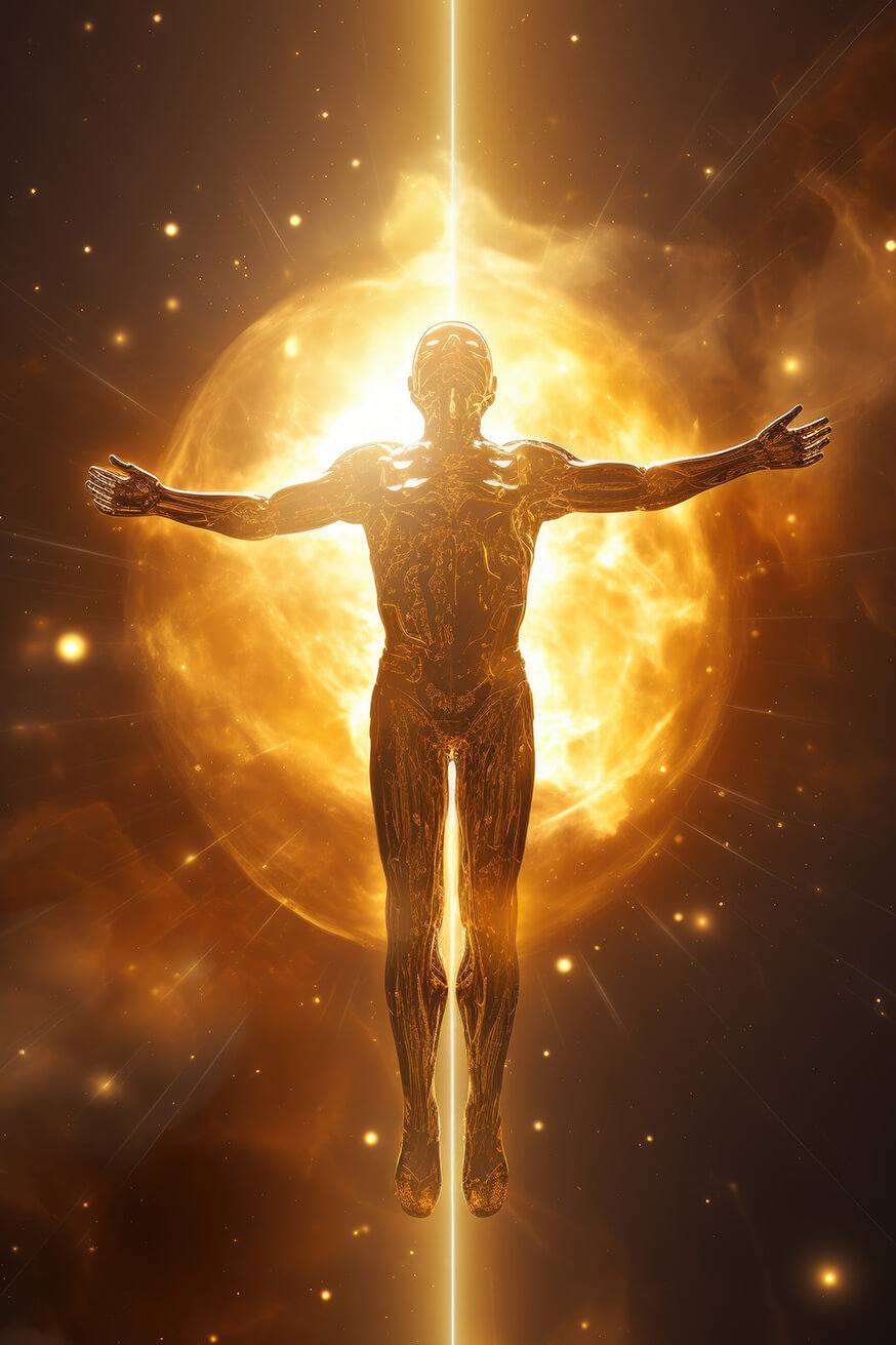 Man made of metal floating opposite fire sun sphere