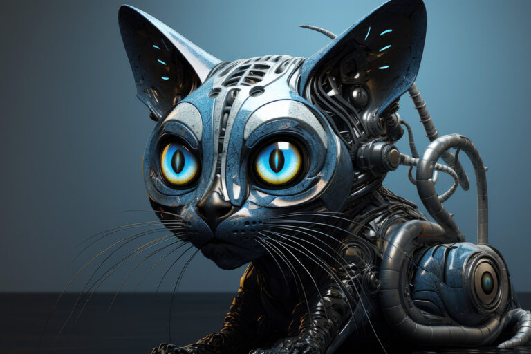 Metallic robotic cat with gray and blue parts