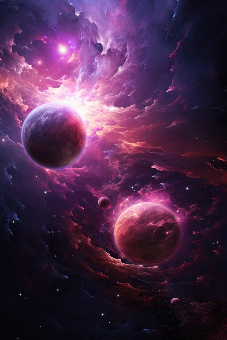 Two violet planet in the space and clouds