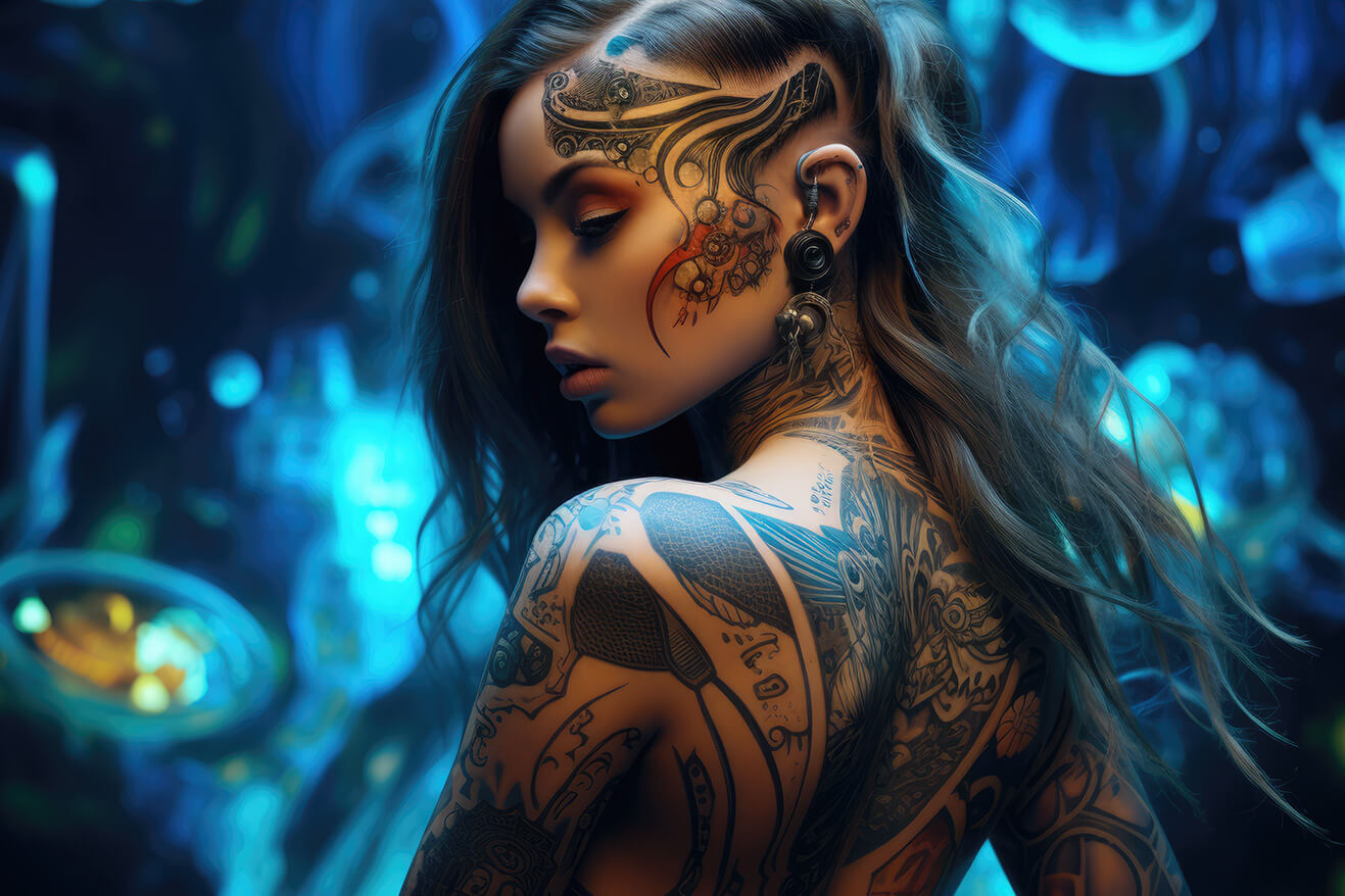 Girl with tattoos on blue background