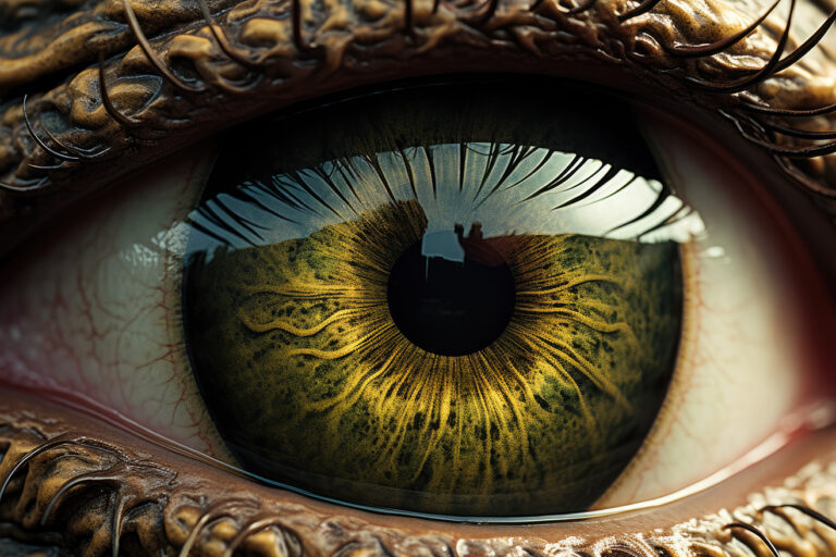 Green and yellow monster eye closeup