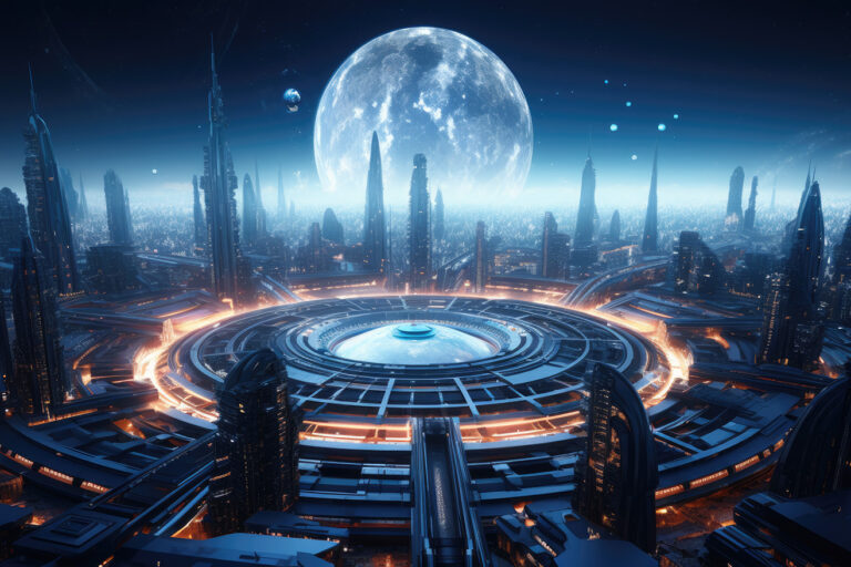 Futuristic big rounded buildings in blue lights on some planet