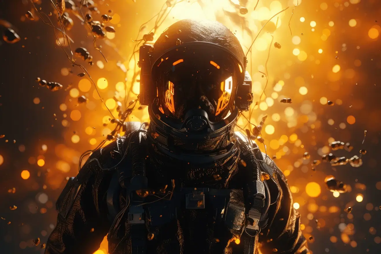 Astronaut in black suit on explosion orange bokeh background