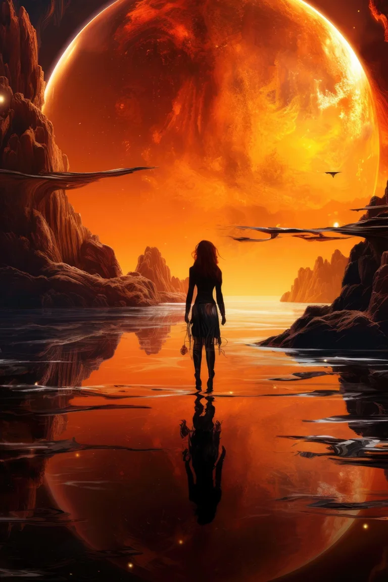 Fantasy planet landscape with woman in water and big orange sun