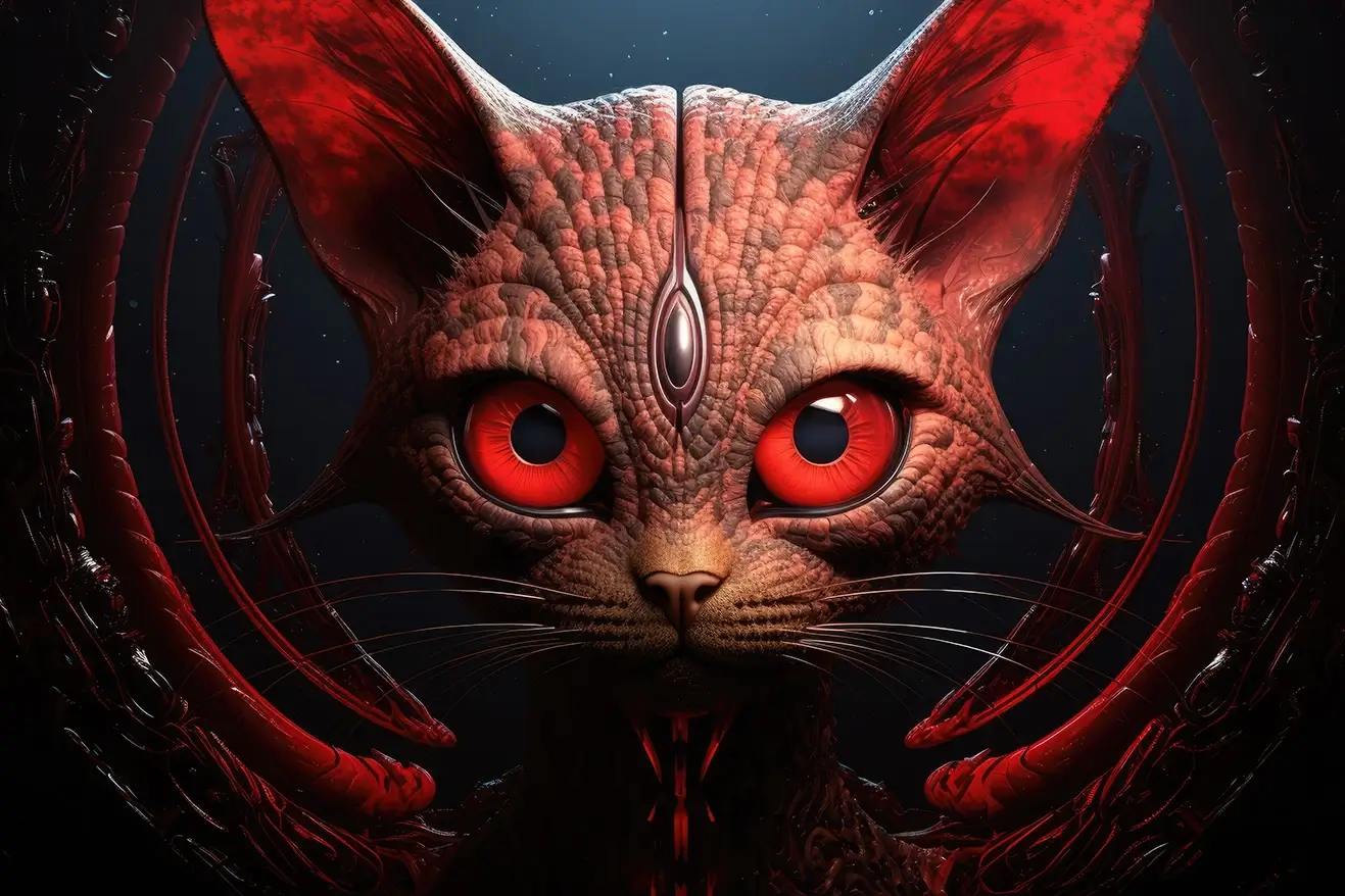 Alien imperial cat with red eyes and monster outfit