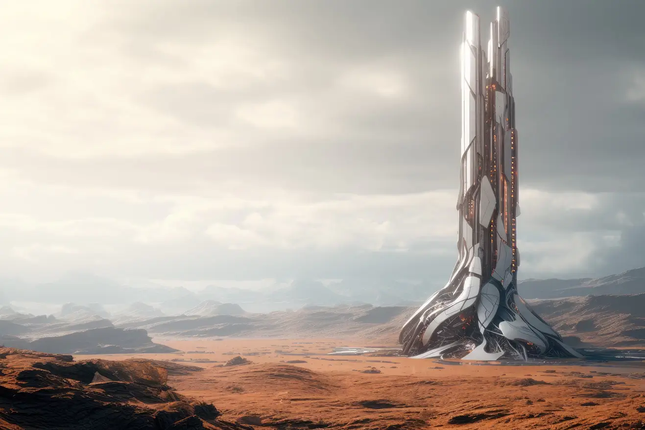 Huge white futuristic tower with lights on some planet