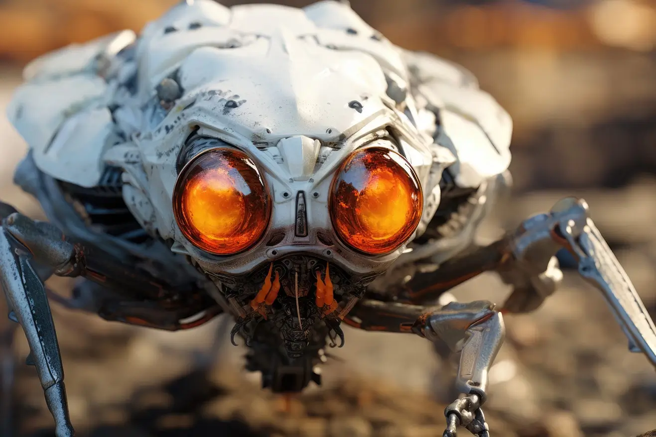 Robot white bug with spherical orange eyes