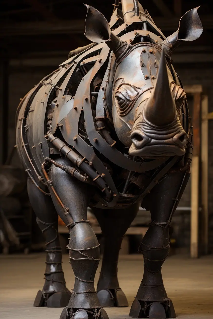 Rhino robot made of rusted metal