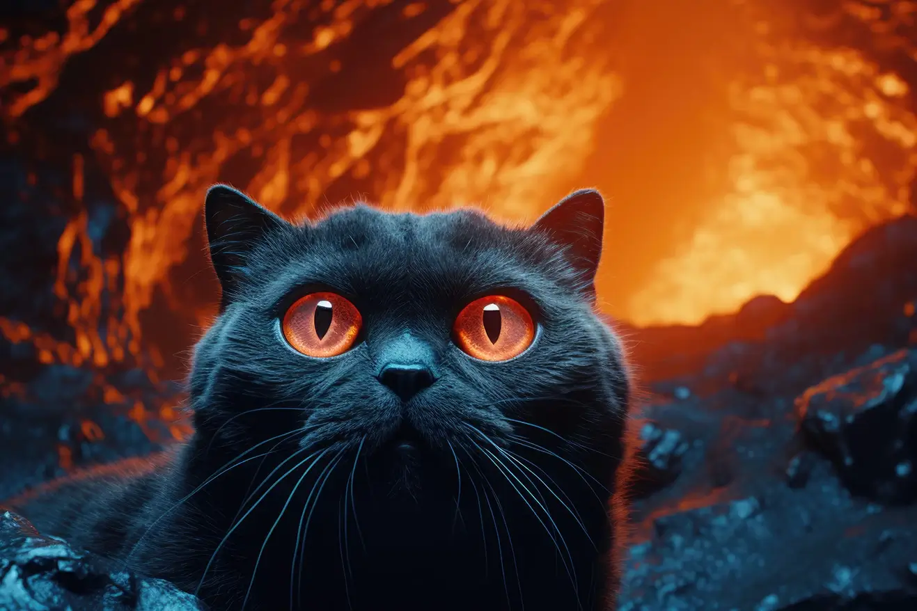 Black cat with deep orange eyes on fire background