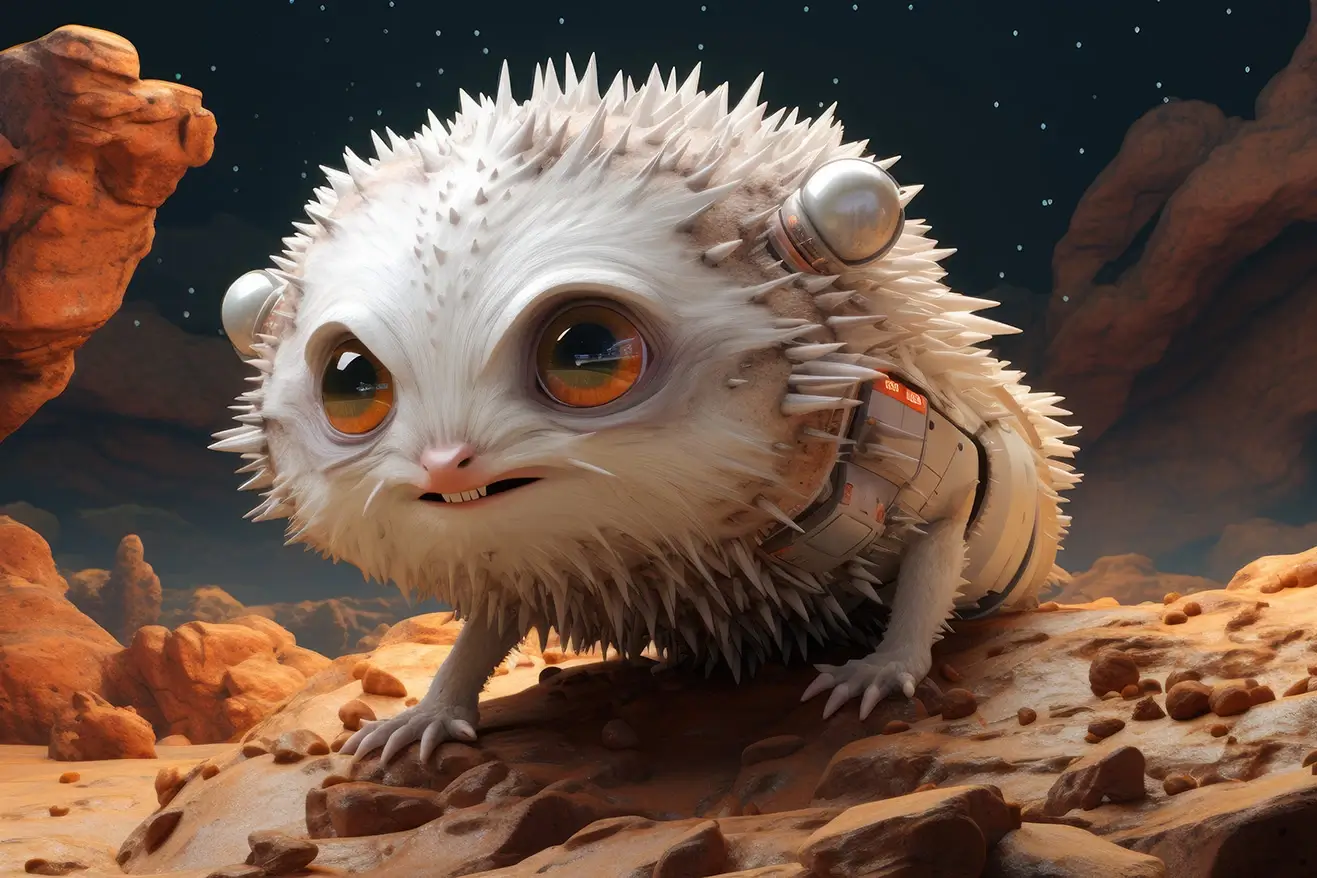 Cute white alien hedgehog in desert