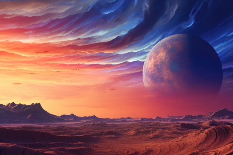 Beautiful planet landscape with colorful clouds and planet rising