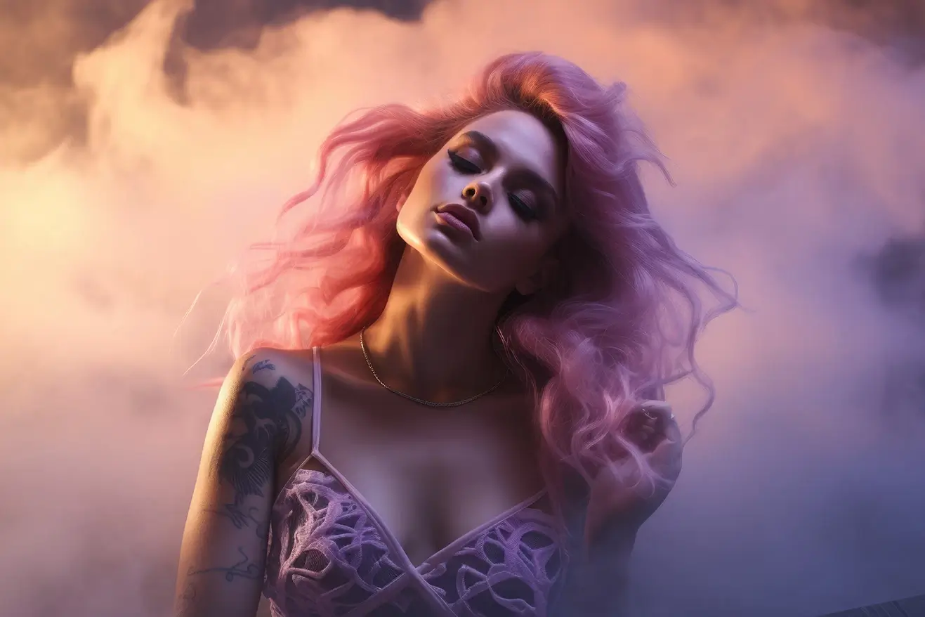 Girl on pastel smoke background with purple hair